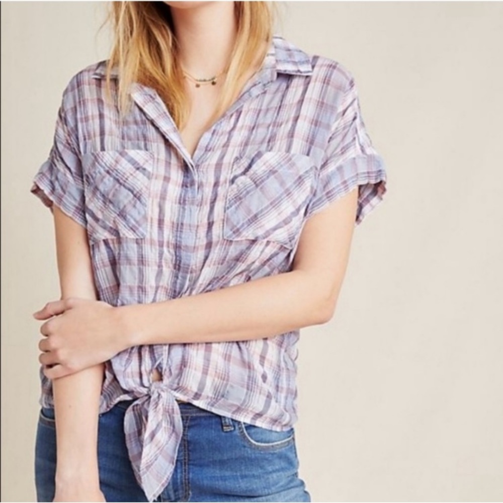 🆕 Cloth & Stone for Anthropologie Liya Tie-Front Plaid Soft lightweight Top NWT